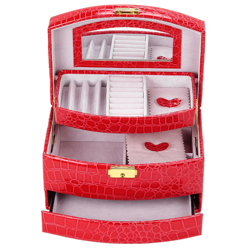 Large Luxury PU Leather Jewellery Box Storage Case (Red) - Image 2