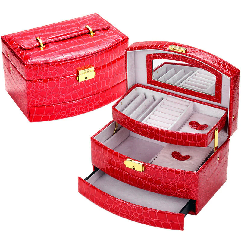 Large Luxury PU Leather Jewellery Box Storage Case (Red) - Image 5