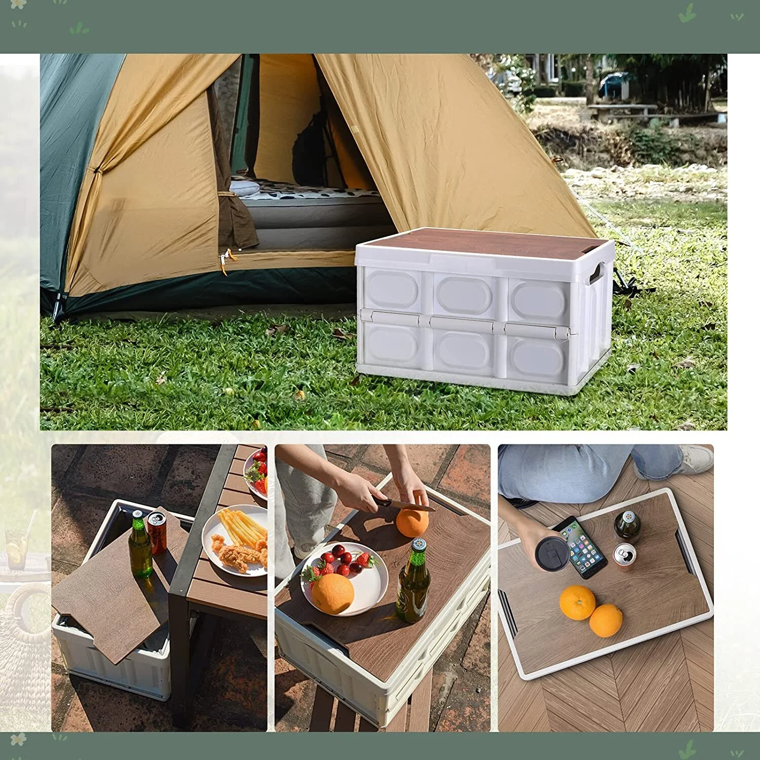 Large Portable Folding Outdoor Storage Box Garden Deck Container Organiser (56L, Black & Wood) - Image 12