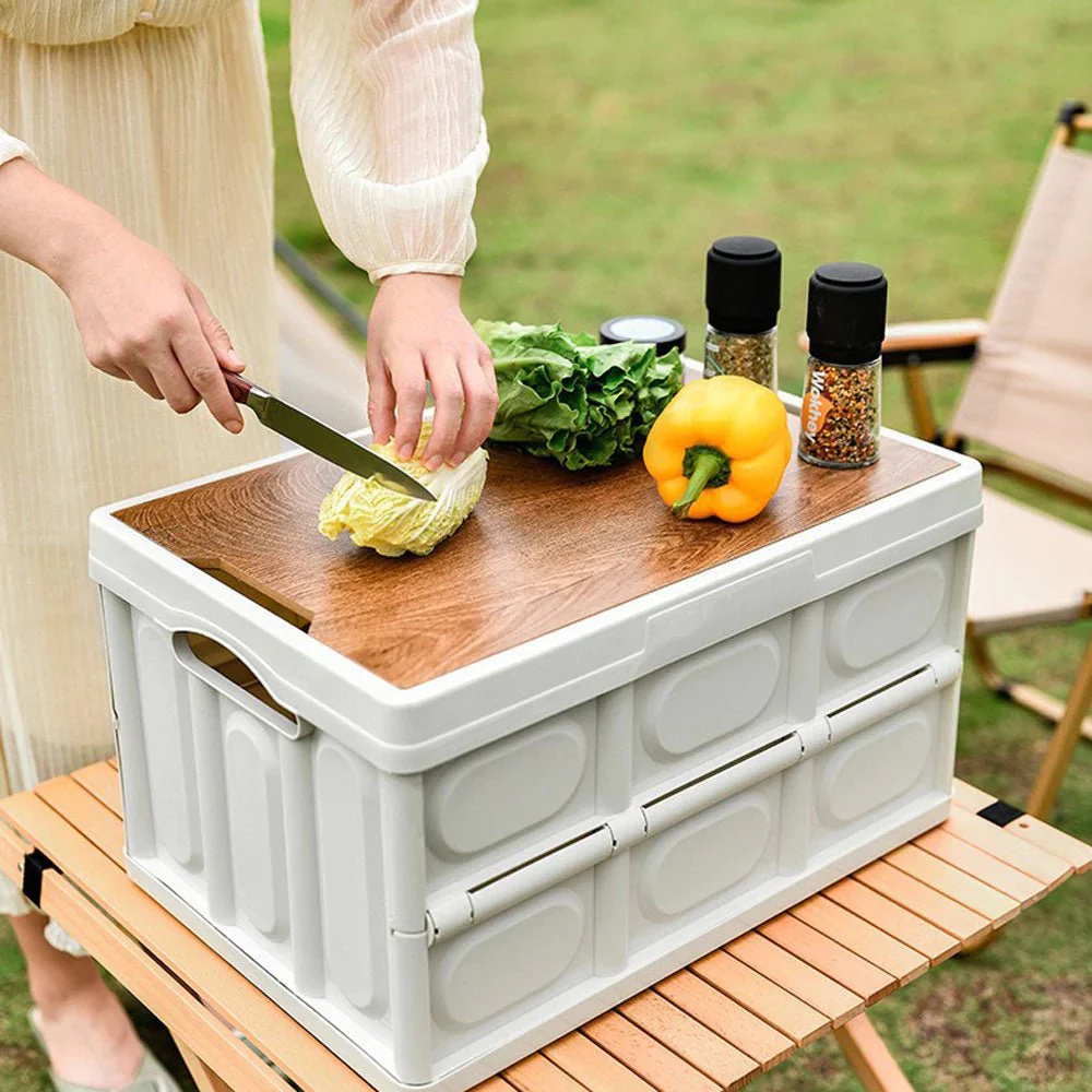 Large Portable Folding Outdoor Storage Box Garden Deck Container Organiser (56L, Black & Wood) - Image 14