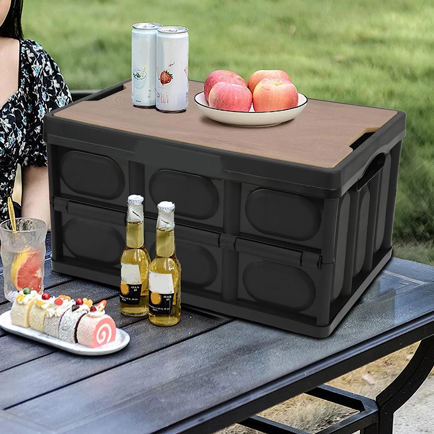 Large Portable Folding Outdoor Storage Box Garden Deck Container Organiser (56L, Black & Wood) - Image 2