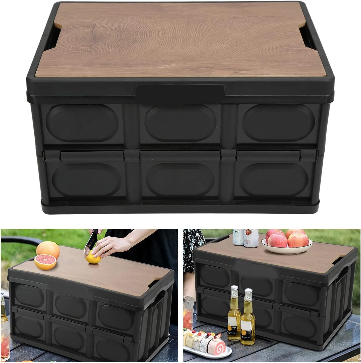 Large Portable Folding Outdoor Storage Box Garden Deck Container Organiser (56L, Black & Wood) - Image 7