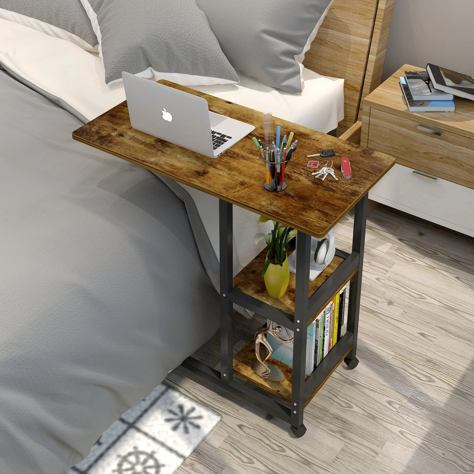 Large Supreme Rustic Sofa Bed Side Table Laptop Desk with Shelves & Wheels - Image 8