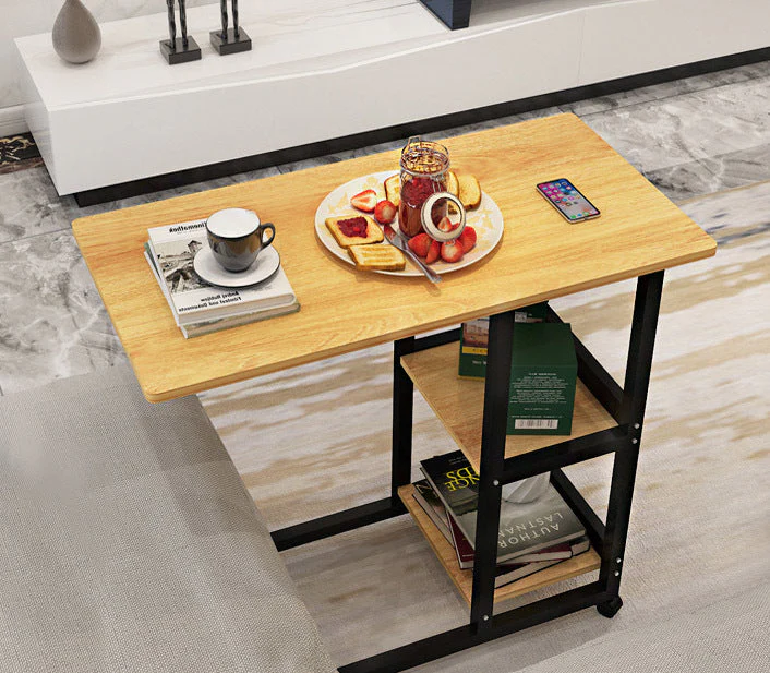 Large Supreme Sofa Bed Side Table Laptop Desk with Shelves & Wheels (Oak) - Image 3