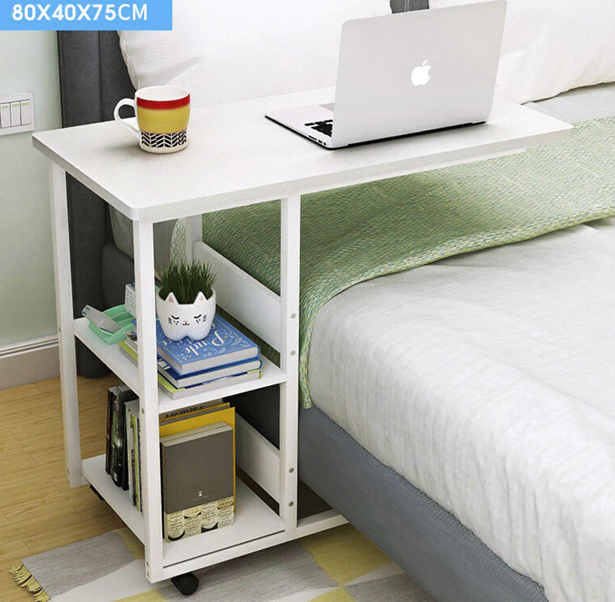 Large Supreme Sofa Bed Side Table Laptop Desk with Shelves & Wheels (White) - Image 3