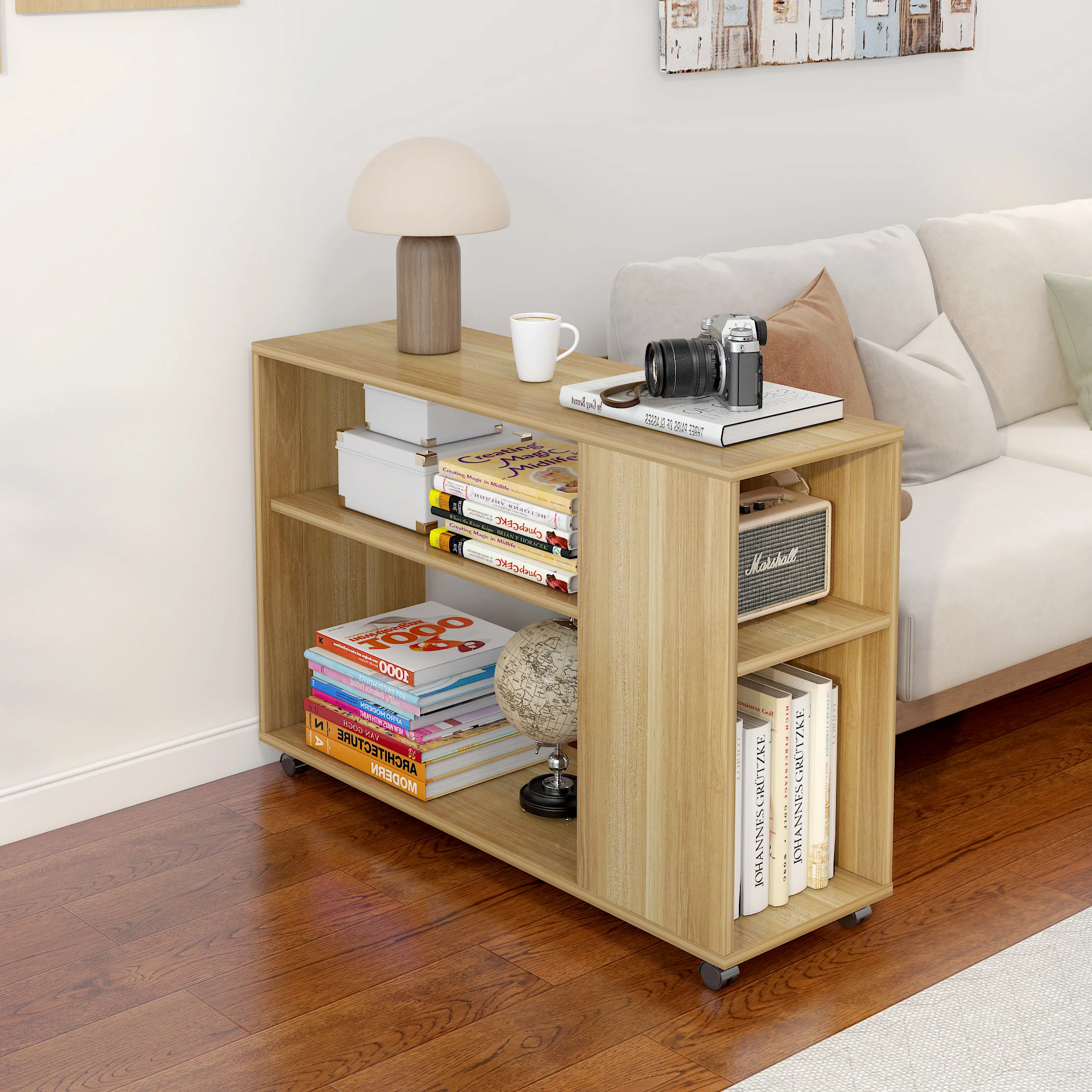 Large Versatile Sofa Side Table & Magazine Shelf with Casters (Oak) - Image 14