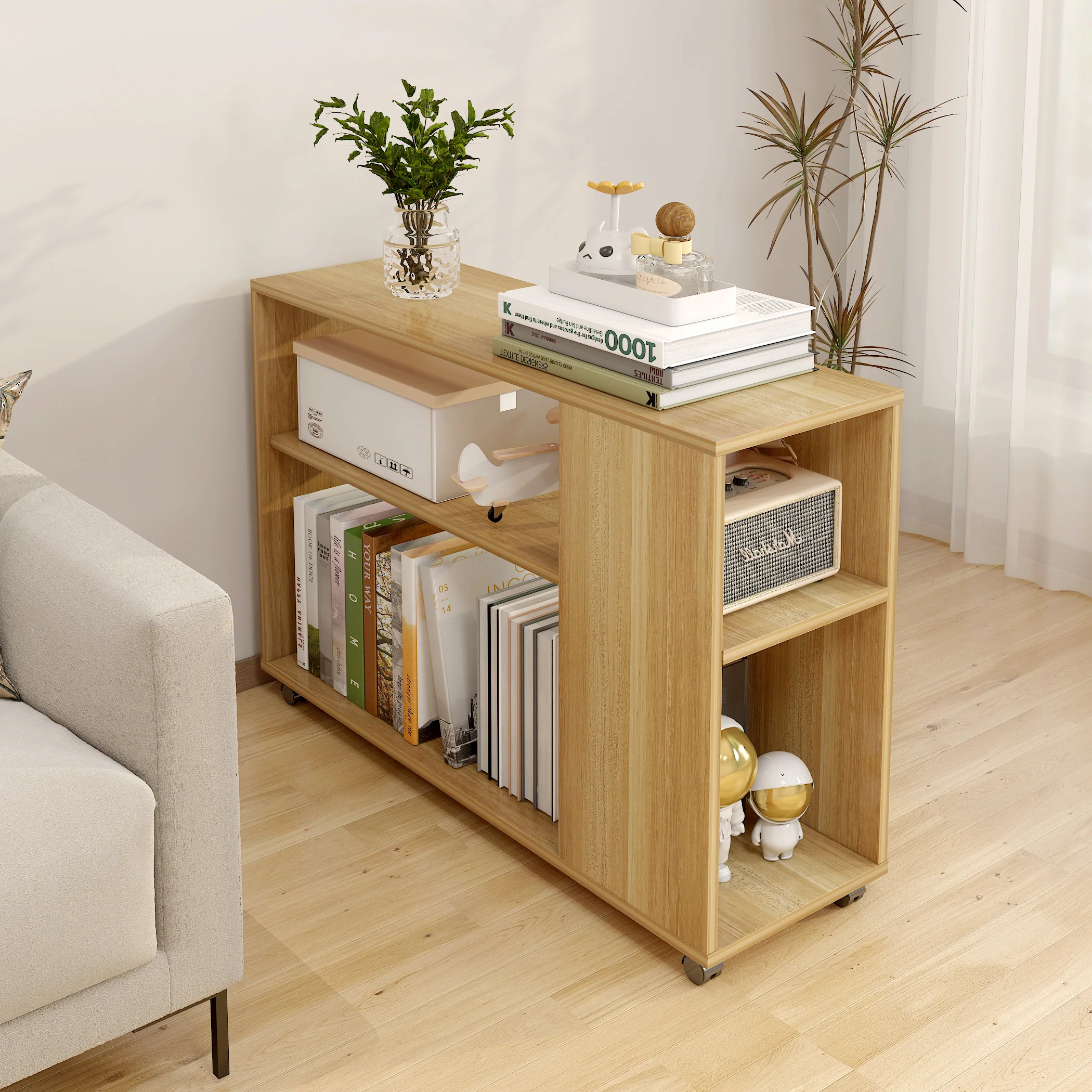Large Versatile Sofa Side Table & Magazine Shelf with Casters (Oak) - Image 15