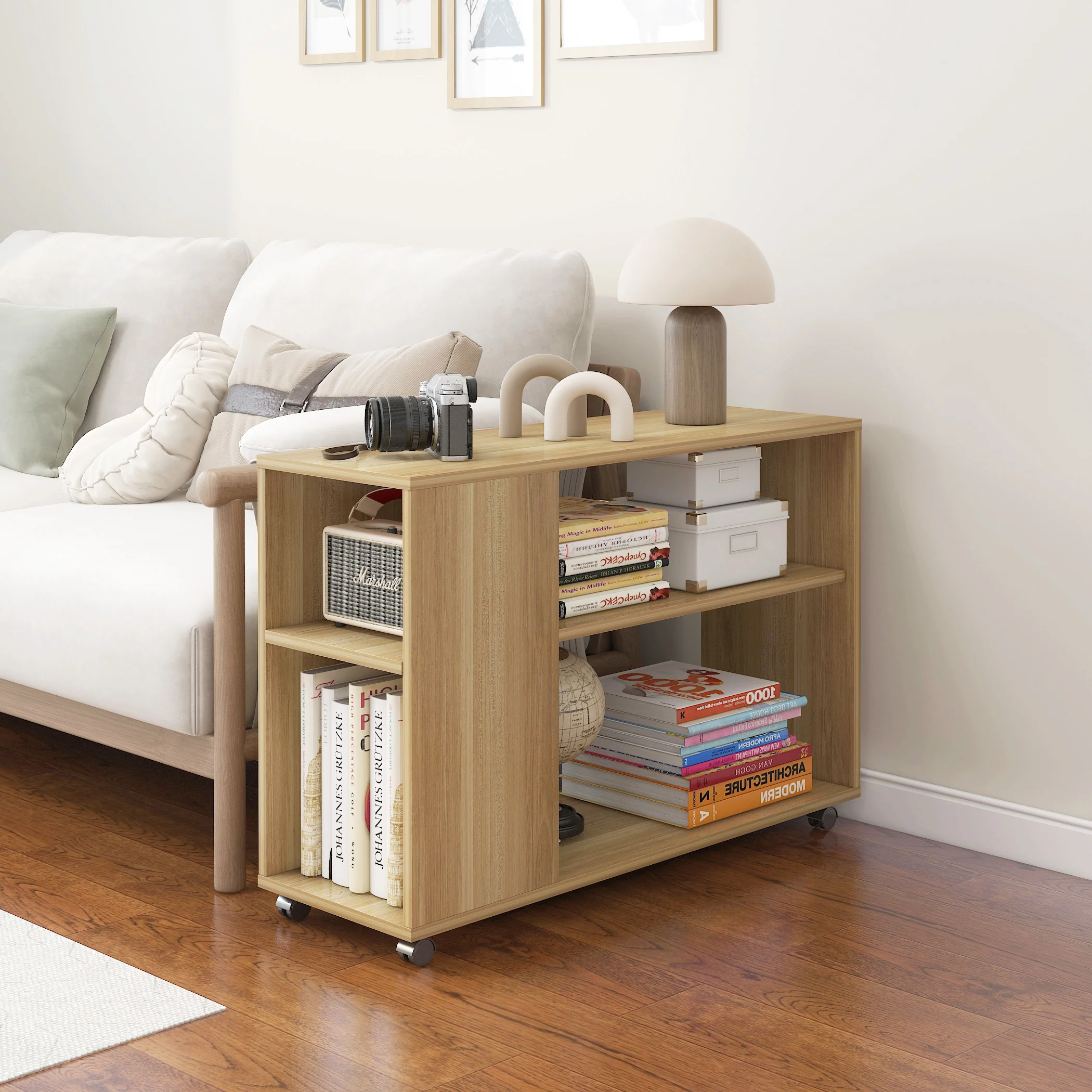 Large Versatile Sofa Side Table & Magazine Shelf with Casters (Oak) - Image 17