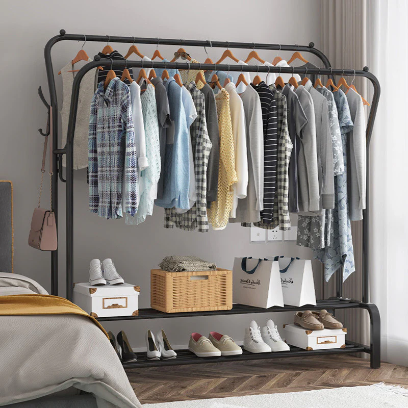 Large Wide Double 2-Tier Coat Hanging Stand Wardrobe Clothes Hanger Rack (Black) - Image 3