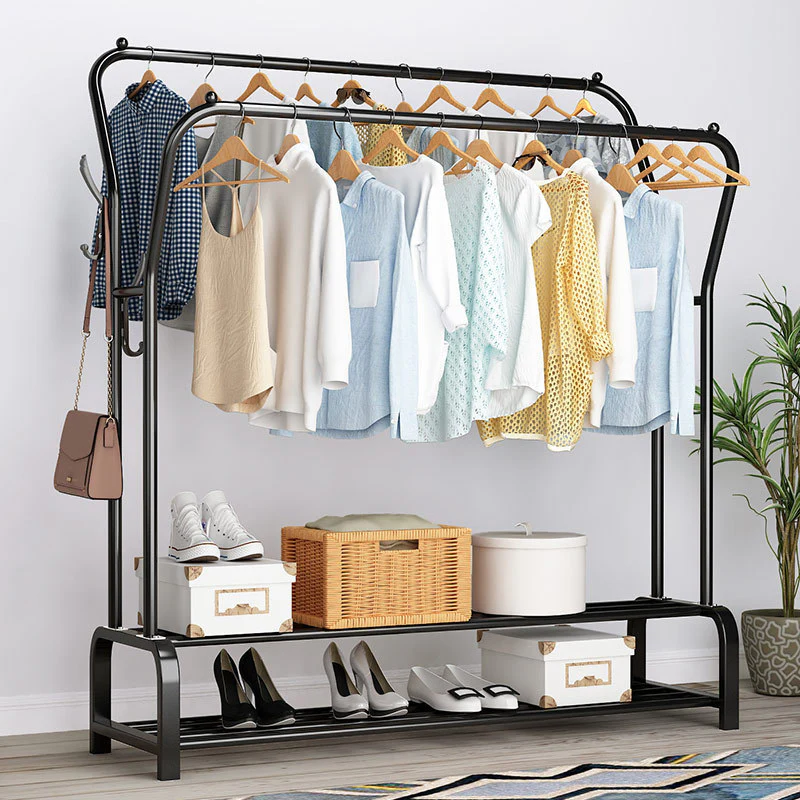 Large Wide Double 2-Tier Coat Hanging Stand Wardrobe Clothes Hanger Rack (Black) - Image 4