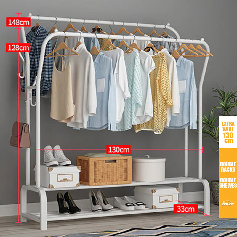 Large Wide Double 2-Tier Coat Hanging Stand Wardrobe Clothes Hanger Rack (White) - Image 3