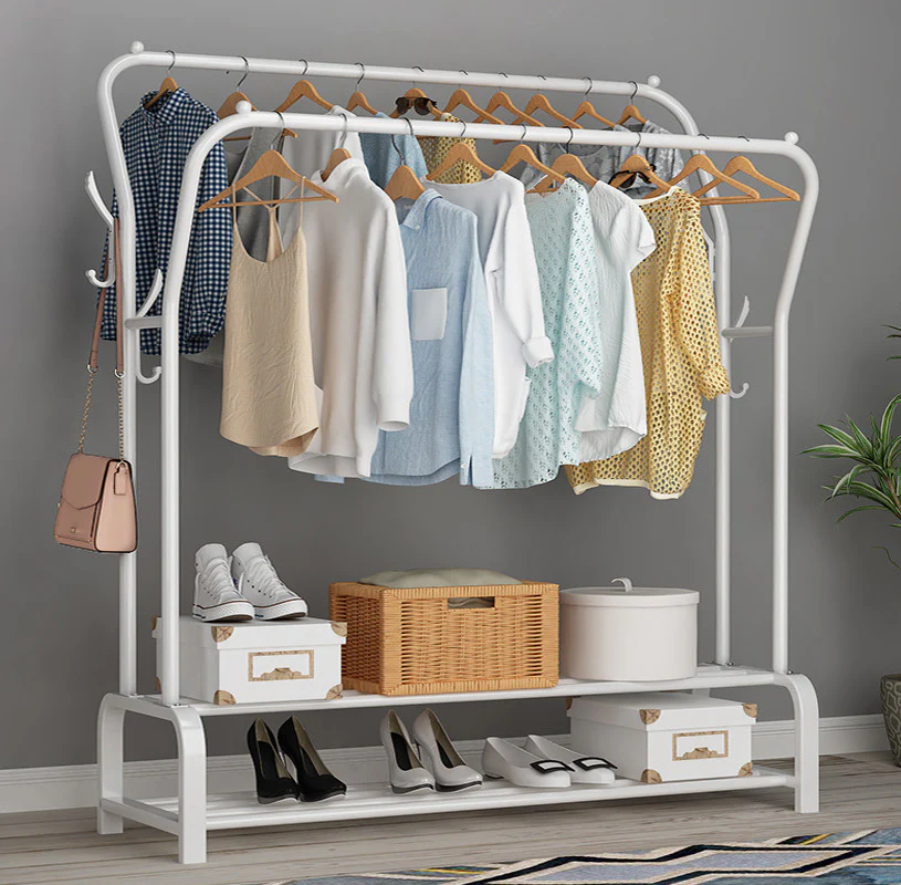 Large Wide Double 2-Tier Coat Hanging Stand Wardrobe Clothes Hanger Rack (White) - Image 6
