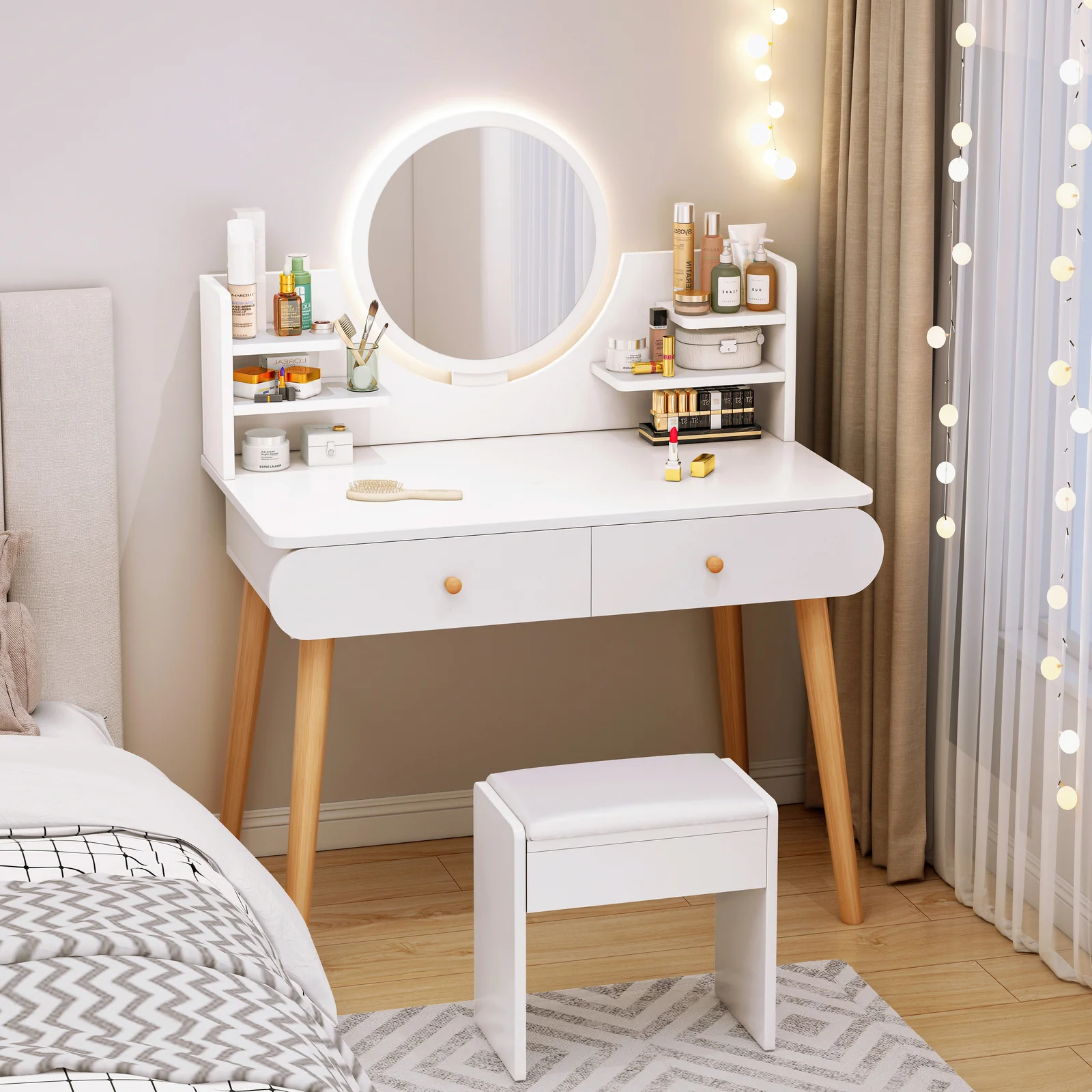 LED Luminous Beauty Dresser Vanity Table with Mirror, Stool and Storage Drawers Set - Image 12