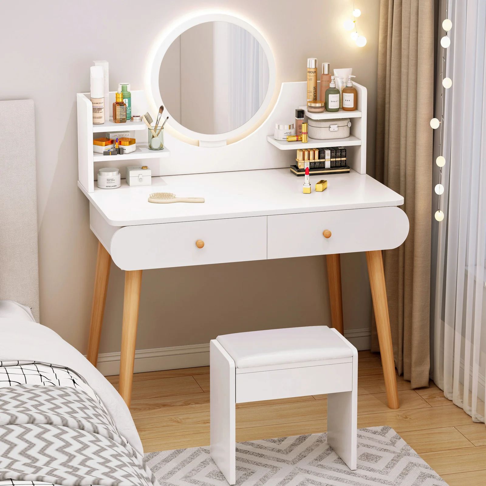 LED Luminous Beauty Dresser Vanity Table with Mirror, Stool and Storage Drawers Set - Image 18