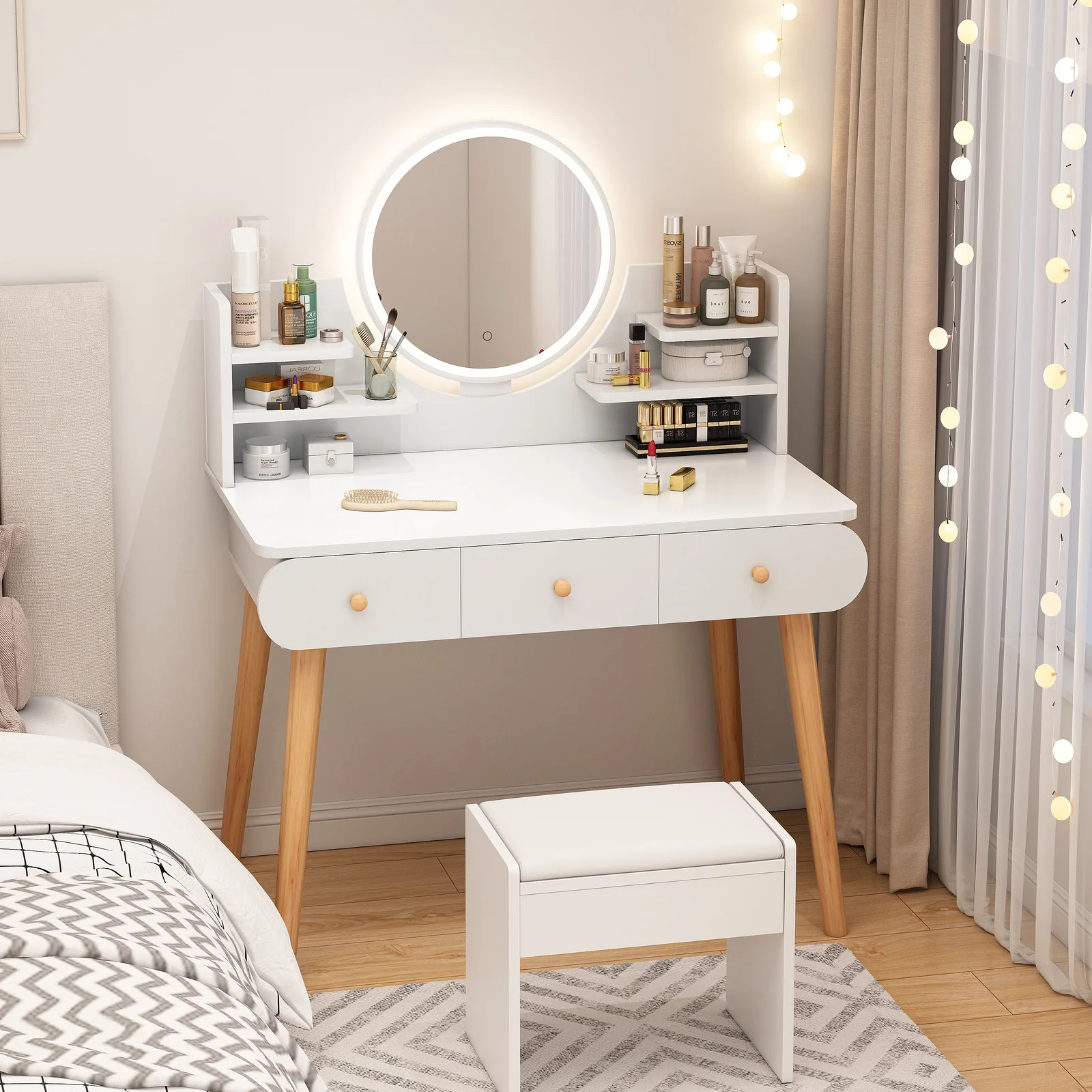 LED Luminous Beauty Large Dresser Vanity Table with Mirror, Stool and Storage Drawers Set - Image 11