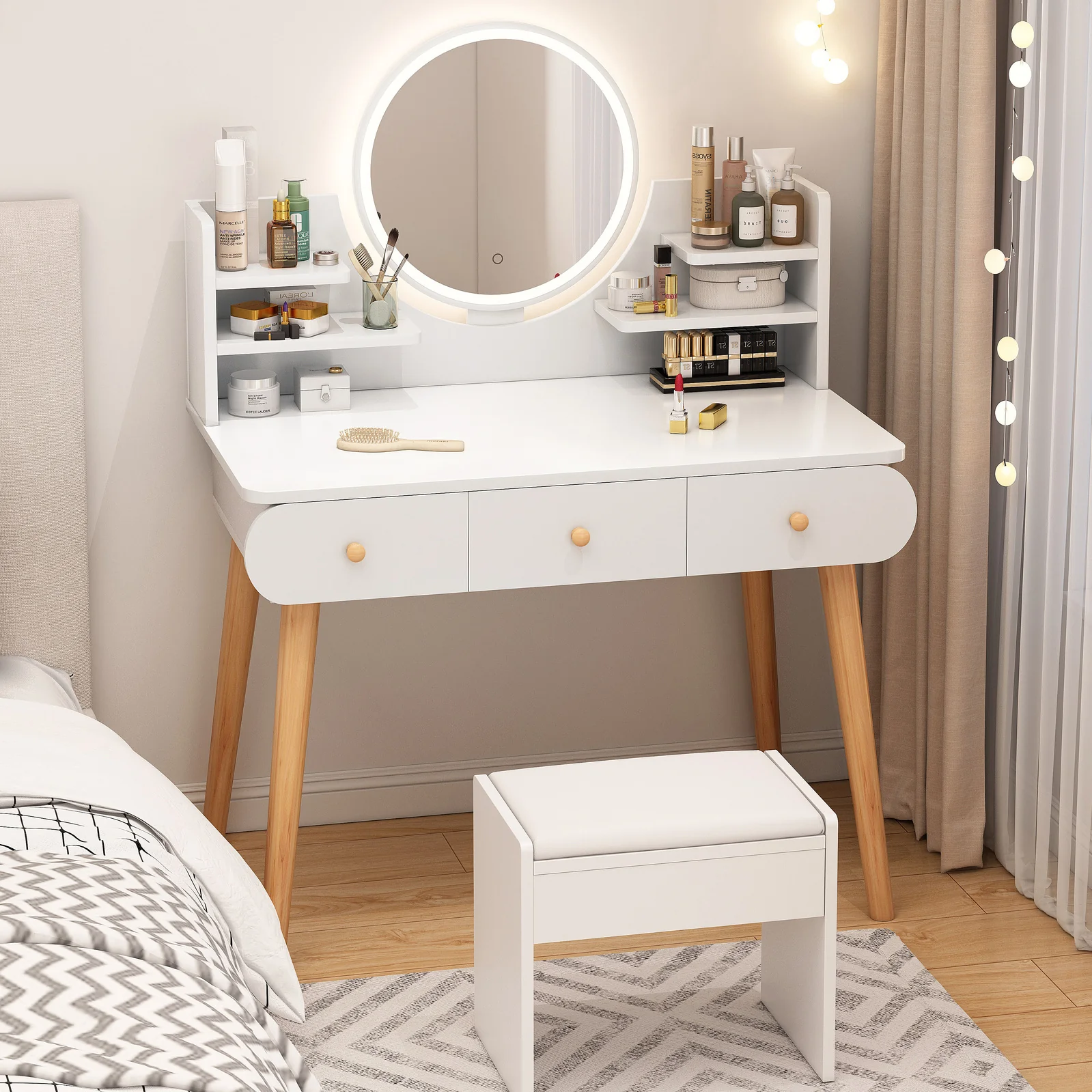 LED Luminous Beauty Large Dresser Vanity Table with Mirror, Stool and Storage Drawers Set - Image 17