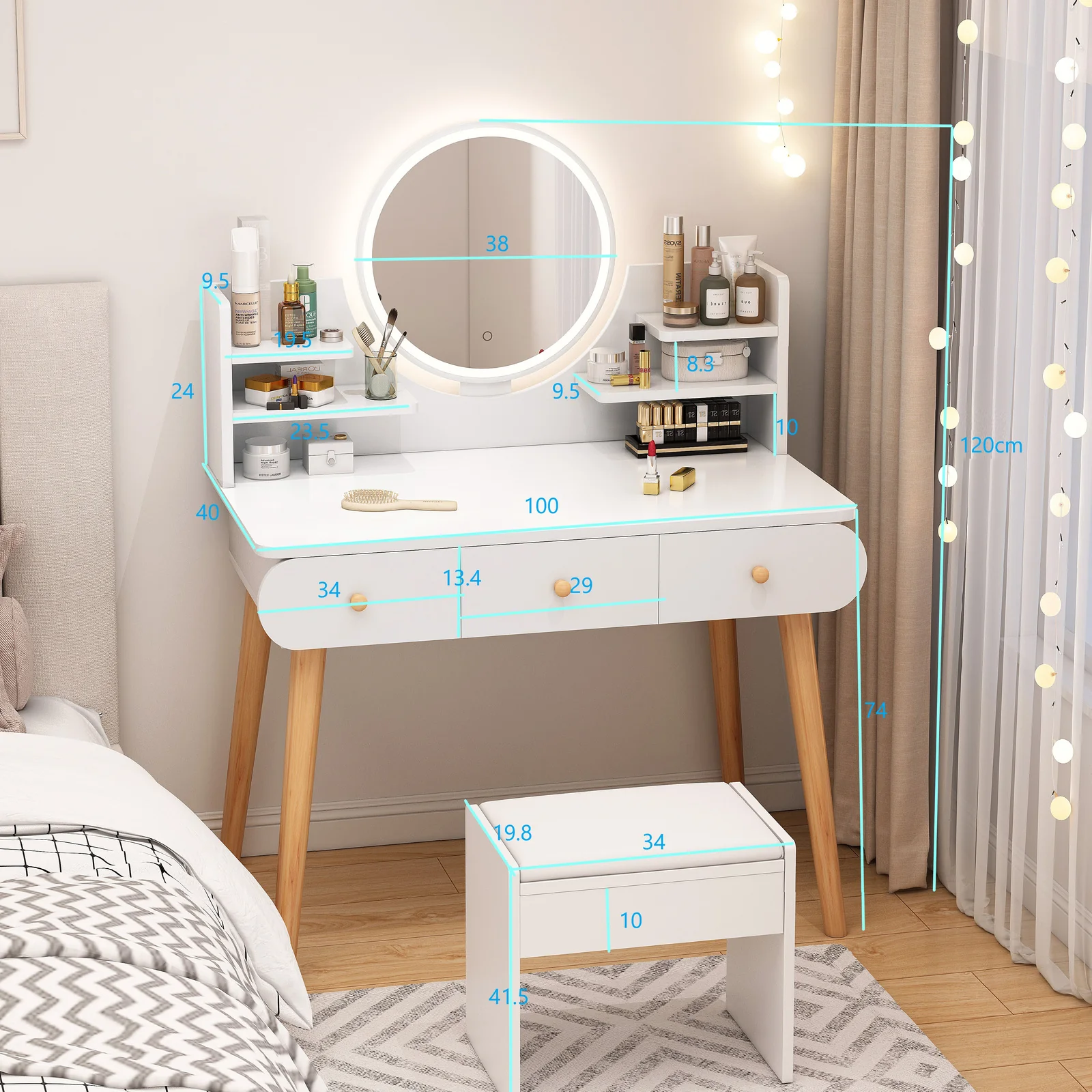 LED Luminous Beauty Large Dresser Vanity Table with Mirror, Stool and Storage Drawers Set - Image 5