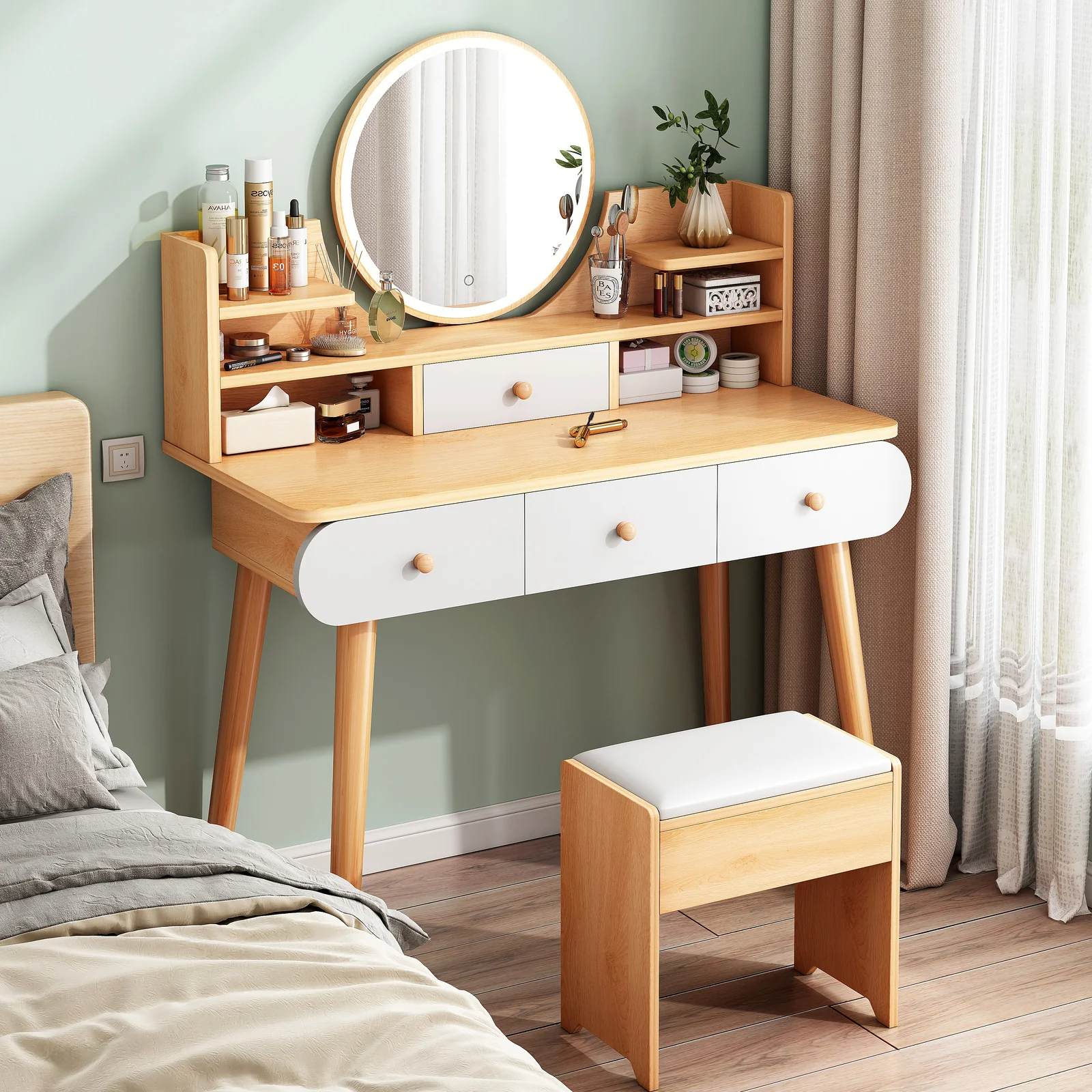 LED Luminous Beauty Large Vanity Table with Mirror, Stool and Storage Drawers Set (Oak) - Image 13