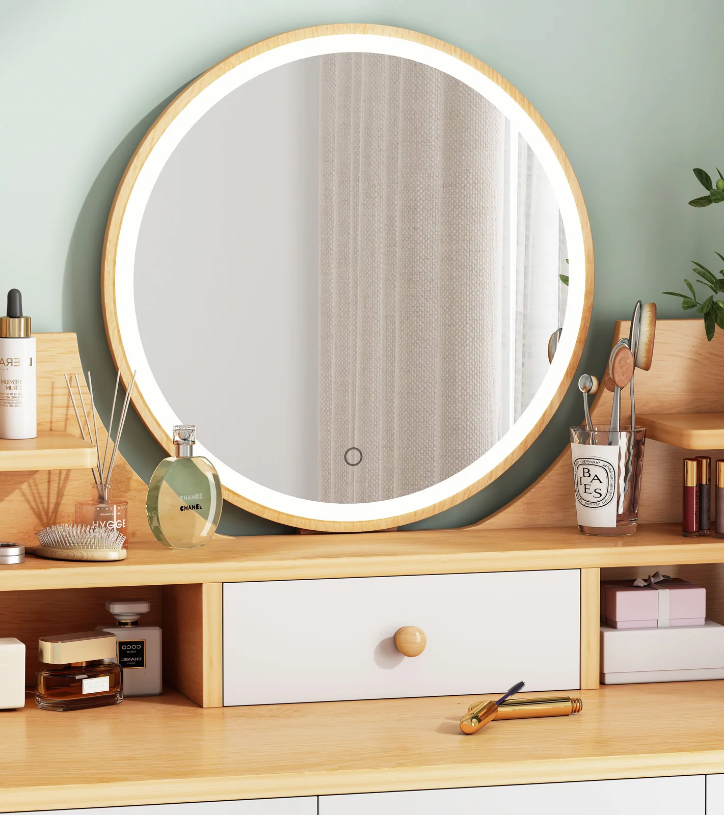 LED Luminous Beauty Large Vanity Table with Mirror, Stool and Storage Drawers Set (Oak) - Image 3