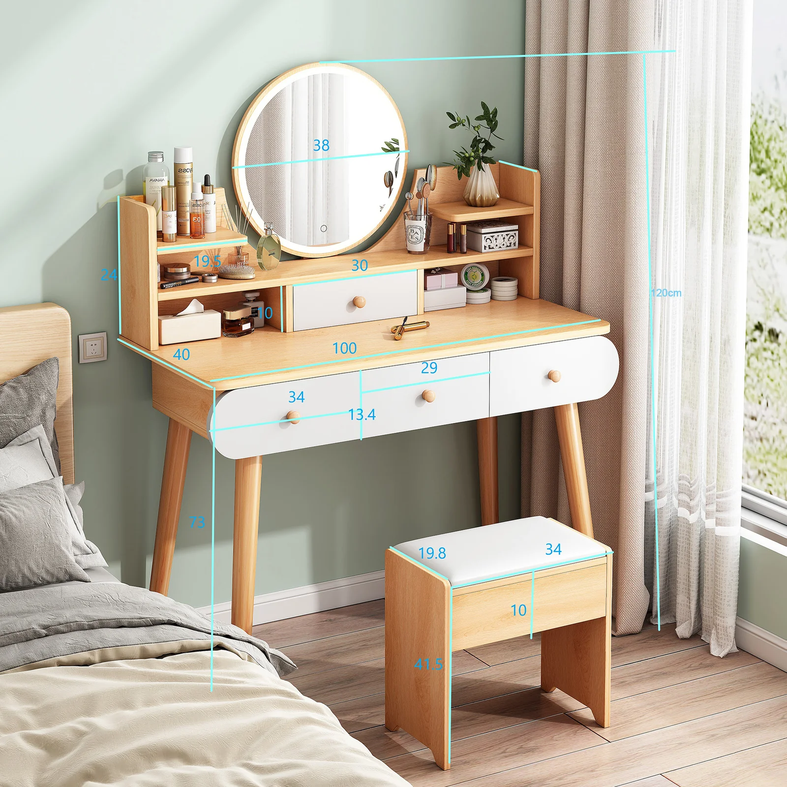 LED Luminous Beauty Large Vanity Table with Mirror, Stool and Storage Drawers Set (Oak) - Image 5