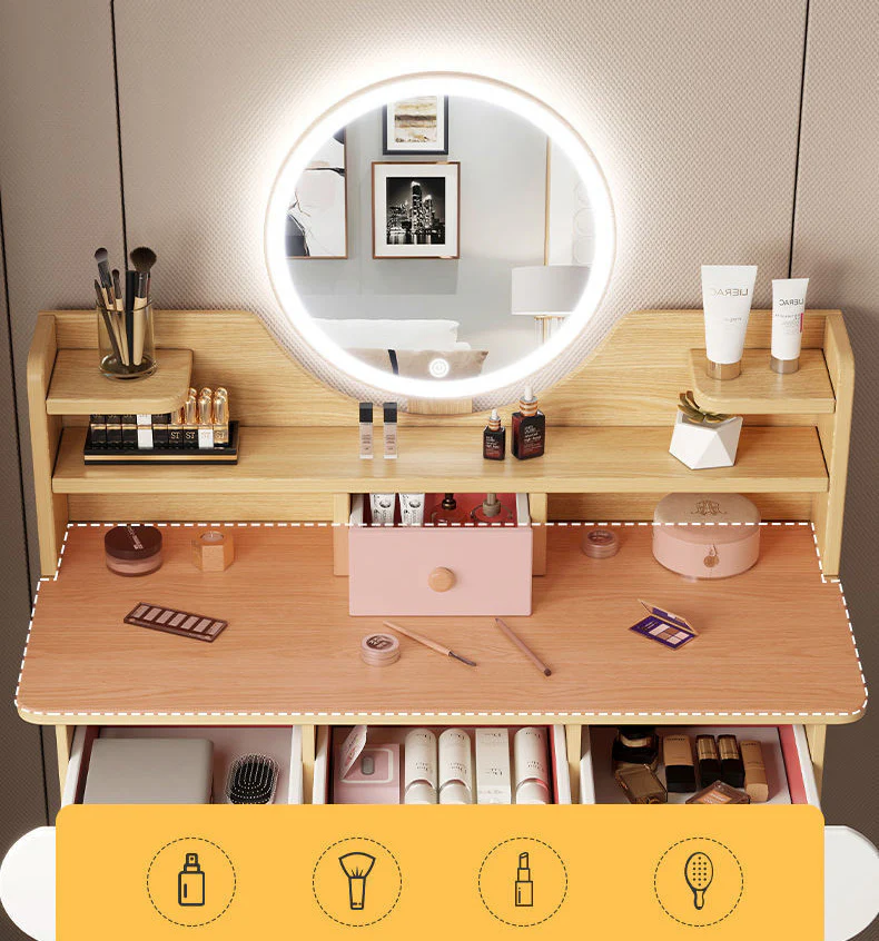 LED Luminous Beauty Large Vanity Table with Mirror, Stool and Storage Drawers Set (Oak) - Image 6