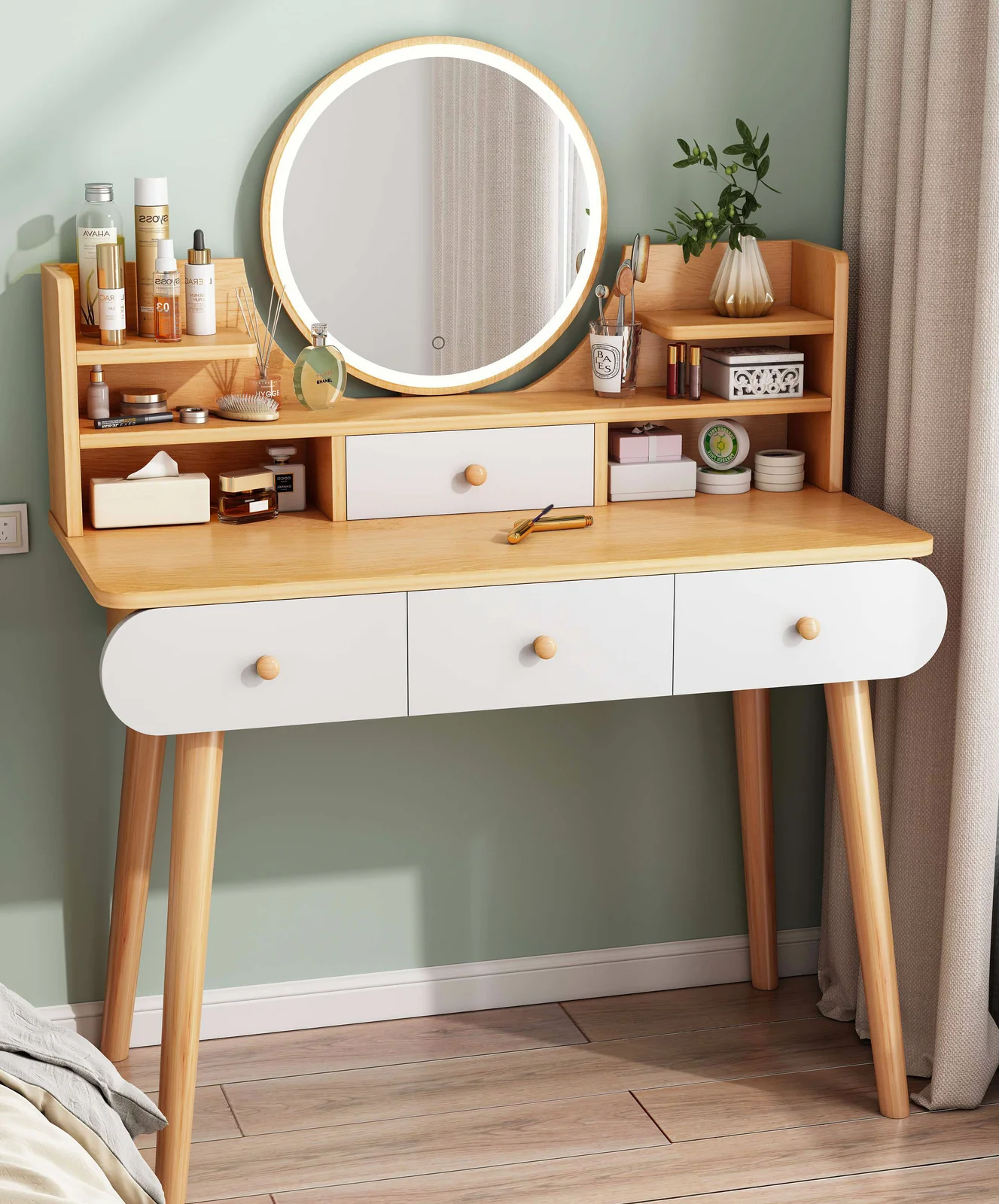 LED Luminous Beauty Large Vanity Table with Mirror, Stool and Storage Drawers Set (Oak) - Image 9