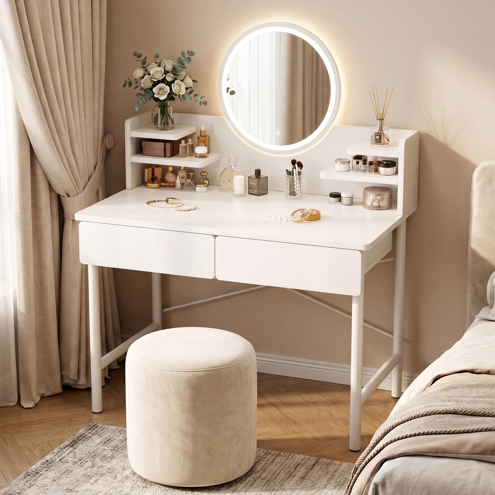 LED Luminous Mirror White Makeup Vanity Dressing Table with Storage Drawers - Image 10