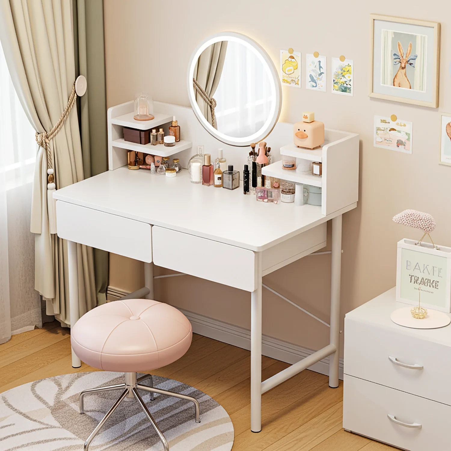 LED Luminous Mirror White Makeup Vanity Dressing Table with Storage Drawers - Image 15