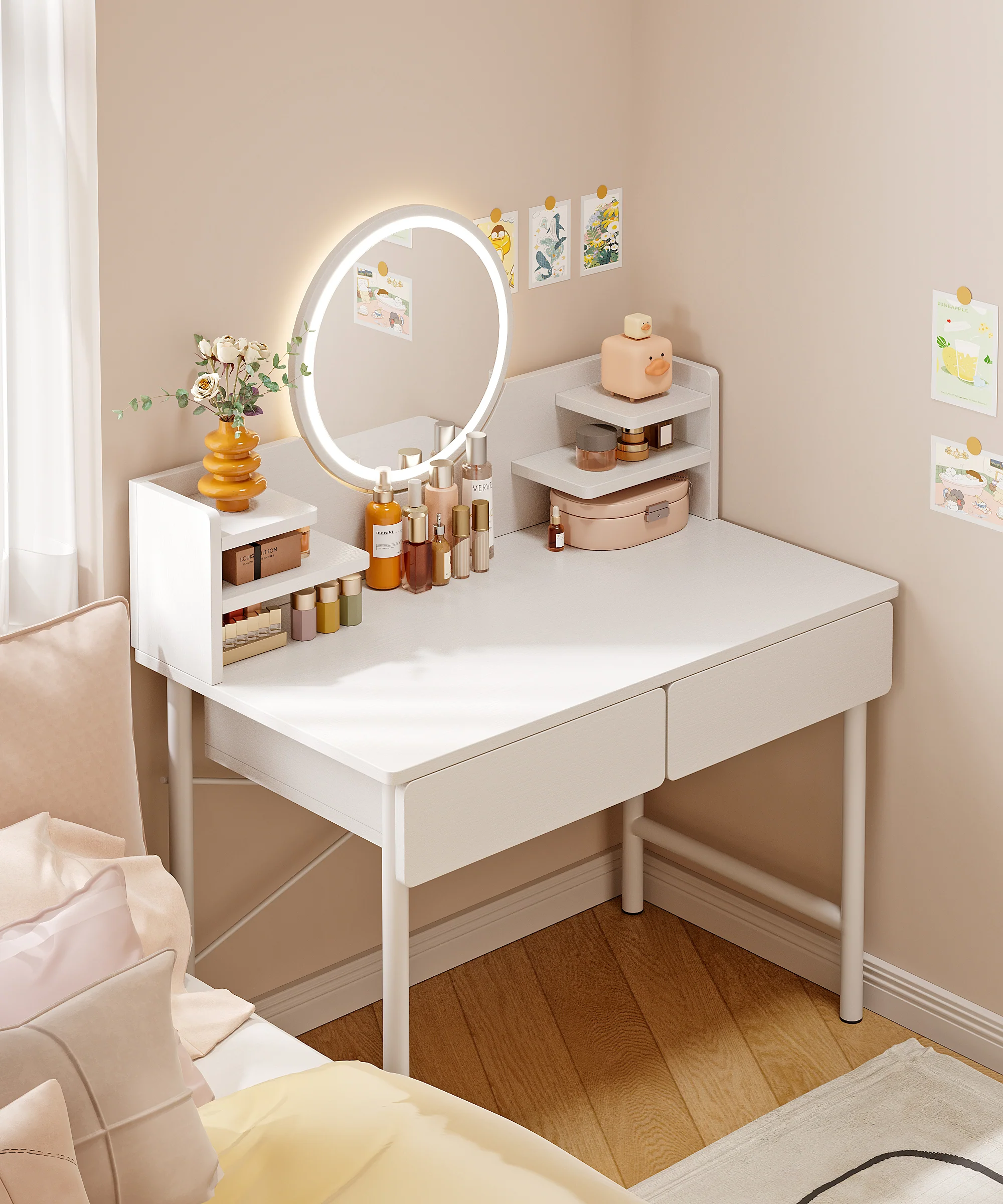LED Luminous Mirror White Makeup Vanity Dressing Table with Storage Drawers - Image 18