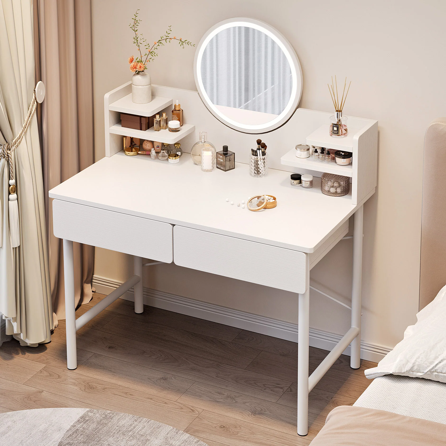LED Luminous Mirror White Makeup Vanity Dressing Table with Storage Drawers - Image 2