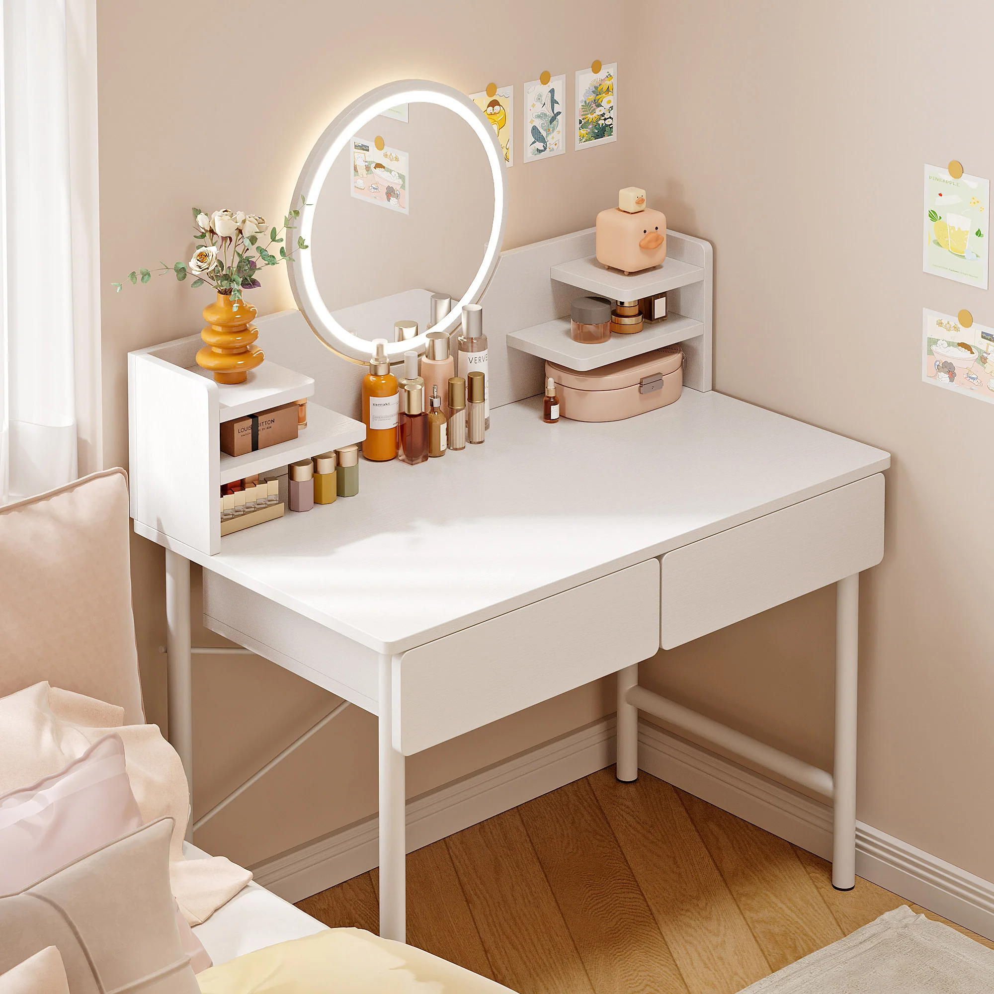 LED Luminous Mirror White Makeup Vanity Dressing Table with Storage Drawers - Image 3