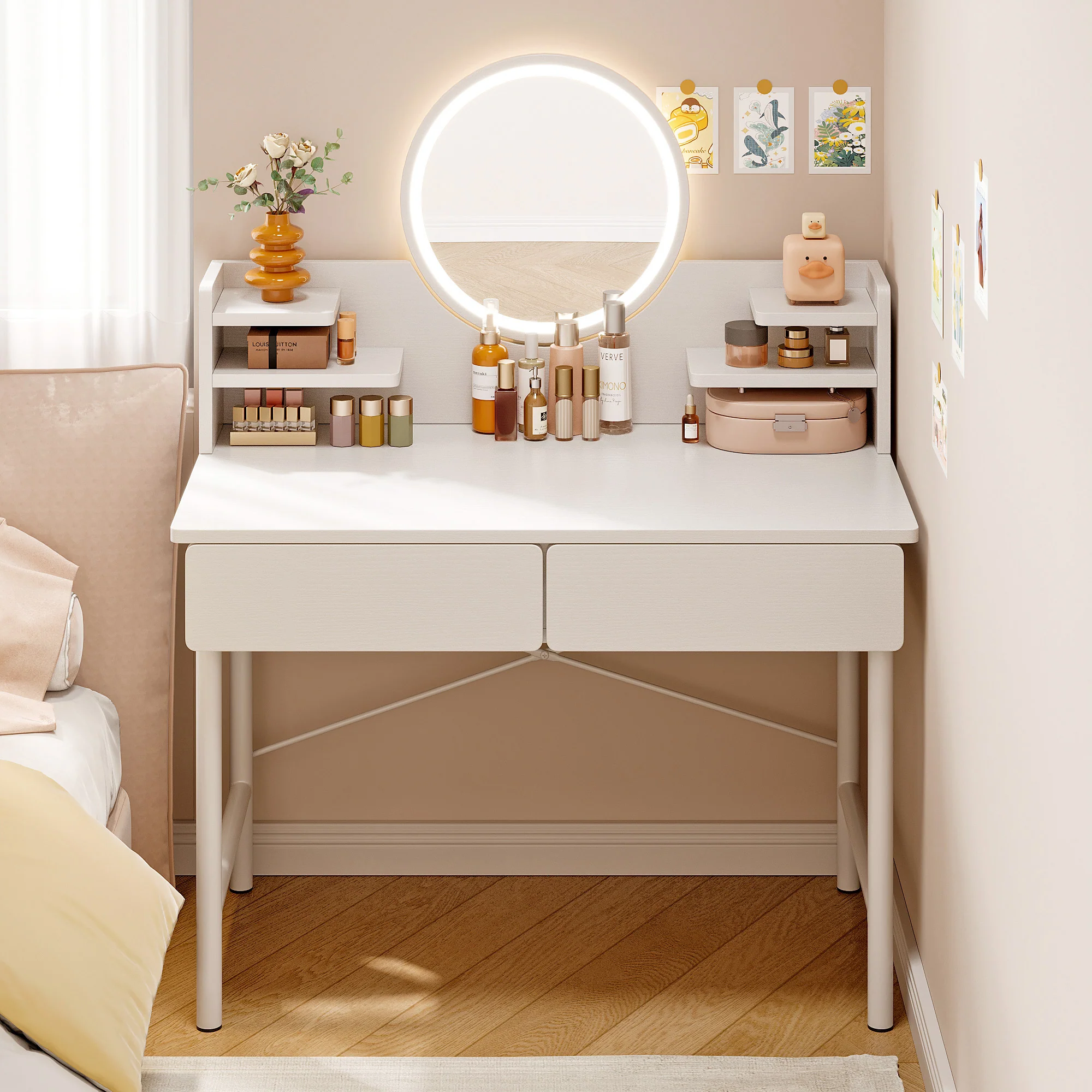 LED Luminous Mirror White Makeup Vanity Dressing Table with Storage Drawers - Image 4