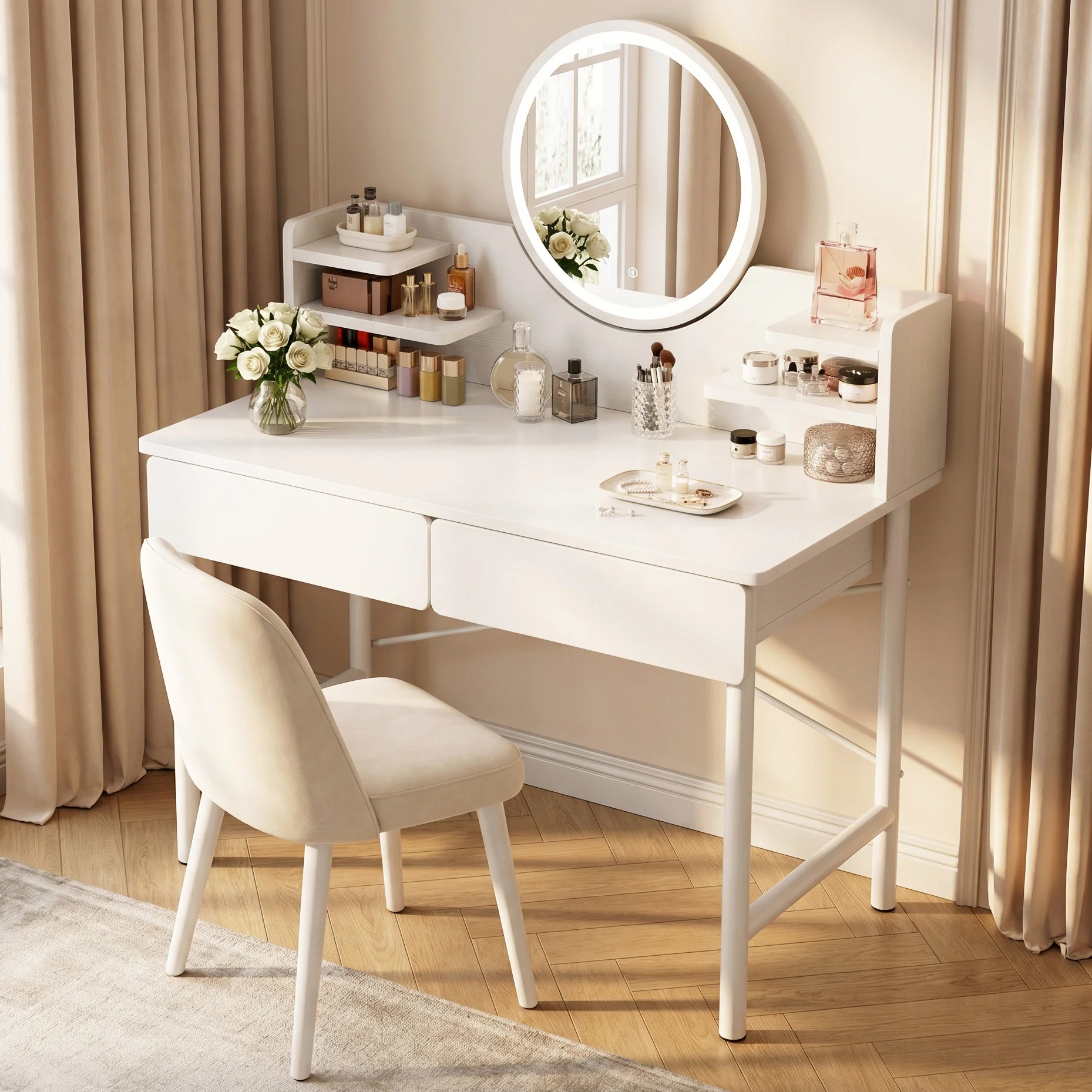 LED Luminous Mirror White Makeup Vanity Dressing Table with Storage Drawers - Image 8