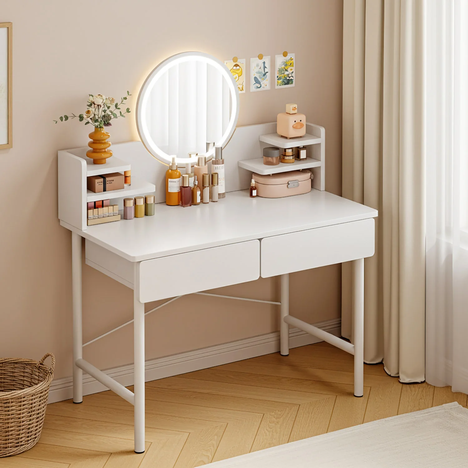 LED Luminous Mirror White Makeup Vanity Dressing Table with Storage Drawers - Image 9