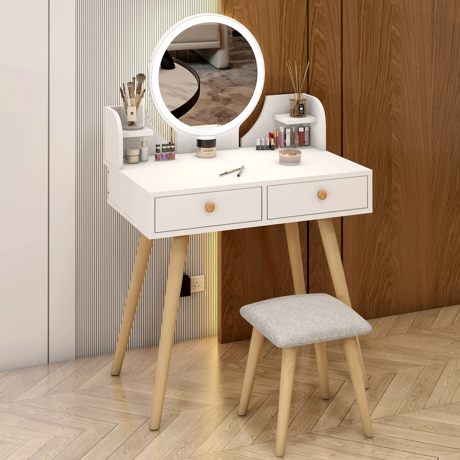 LED Luminous Princess Dresser Vanity Table with Mirror, Stool and Storage Drawers Set - Image 2