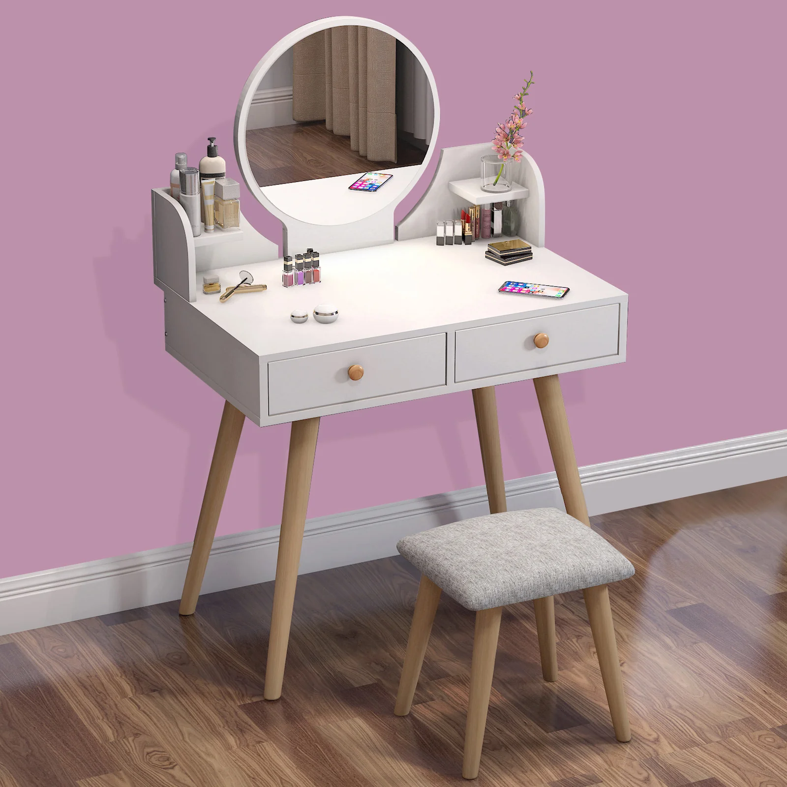 LED Luminous Princess Dresser Vanity Table with Mirror, Stool and Storage Drawers Set - Image 8