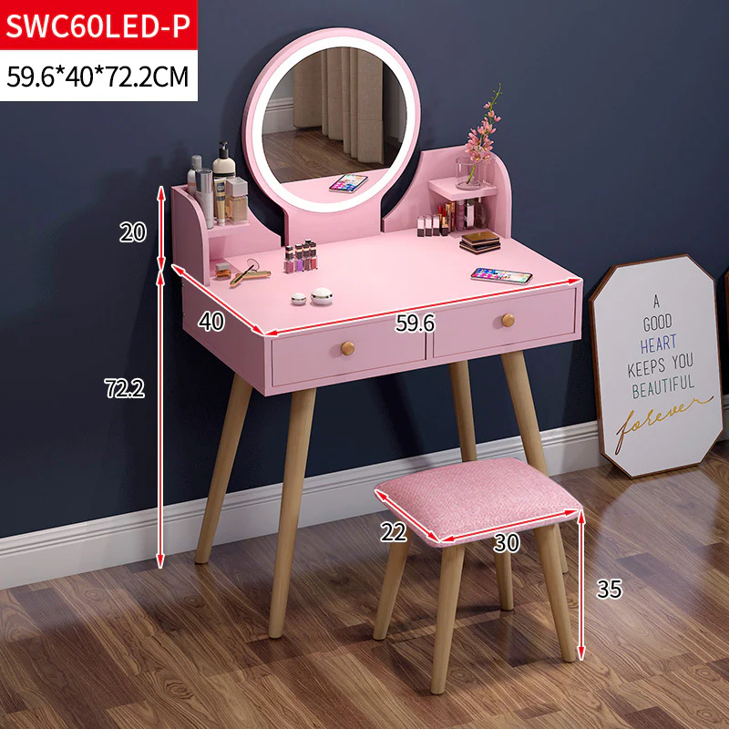 LED Luminous Princess Dresser Vanity Table with Mirror, Stool and Storage Drawers Set (Pink) - Image 3
