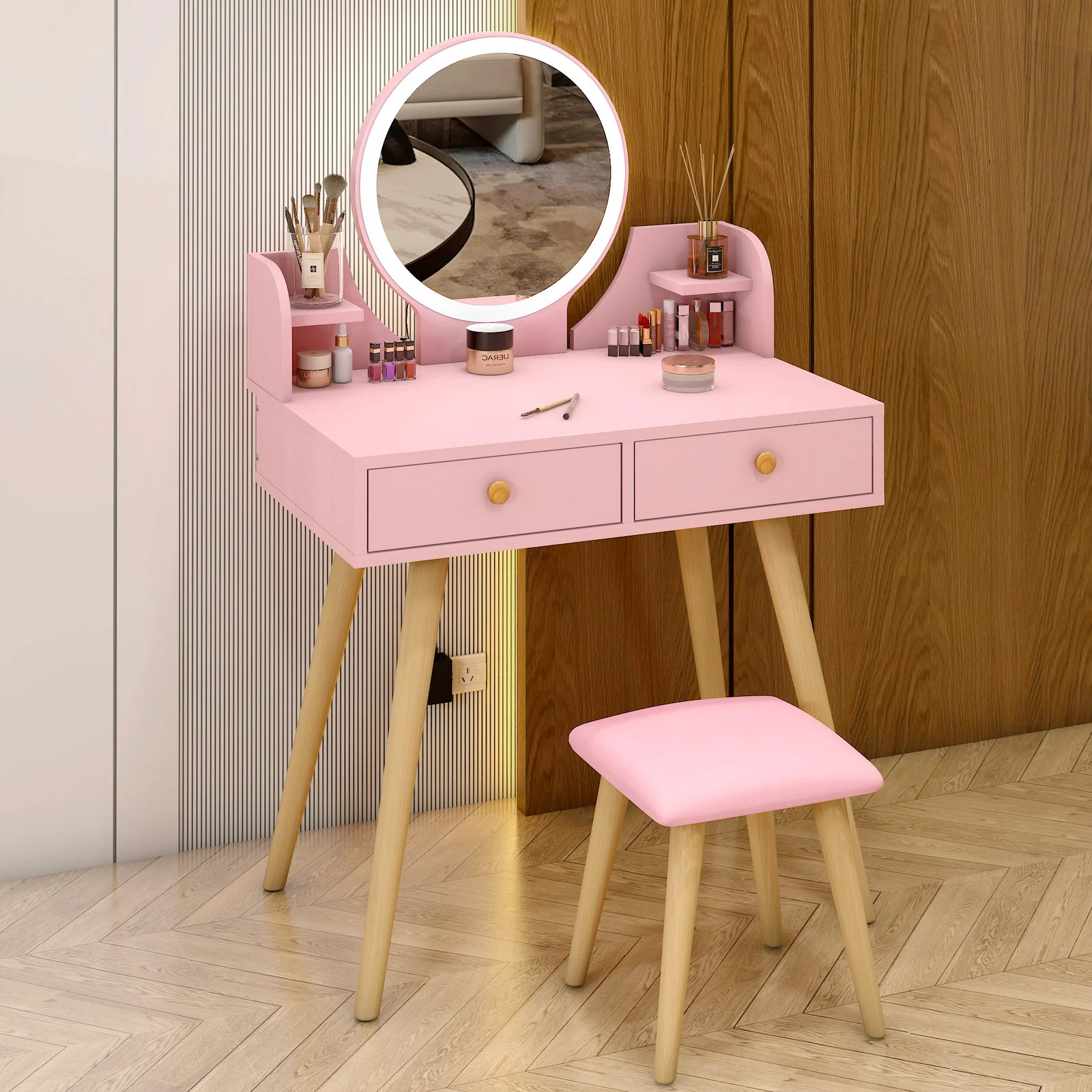 LED Luminous Princess Dresser Vanity Table with Mirror, Stool and Storage Drawers Set (Pink) - Image 4