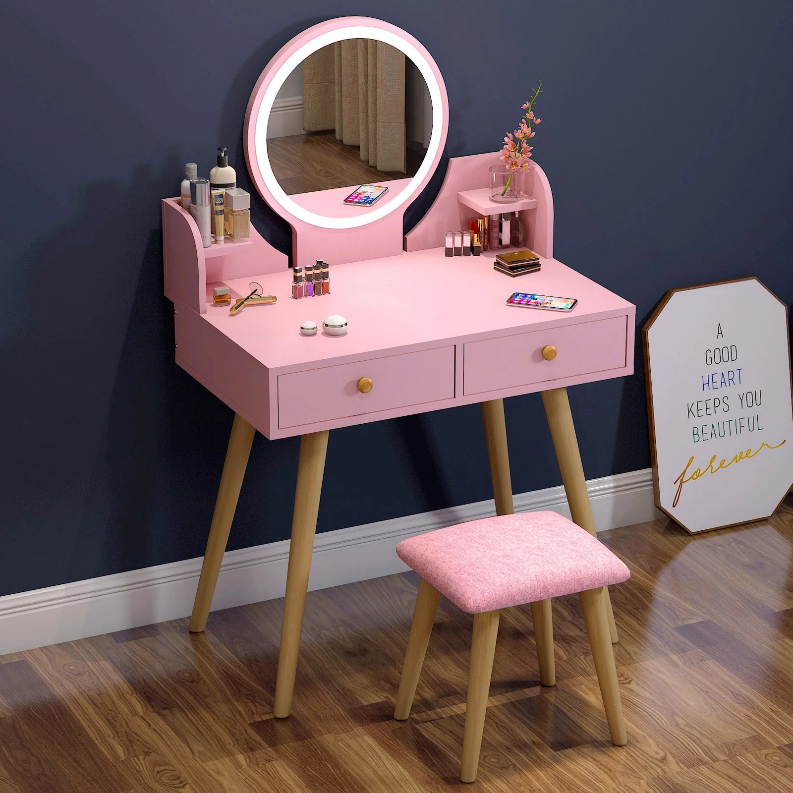 LED Luminous Princess Dresser Vanity Table with Mirror, Stool and Storage Drawers Set (Pink) - Image 7