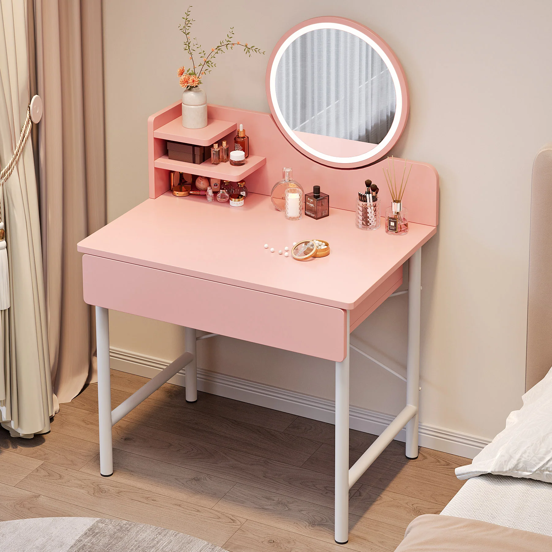 LED Luminous Mirror Makeup Vanity Dressing Table Pink Dresser with Drawer Storage - Image 2