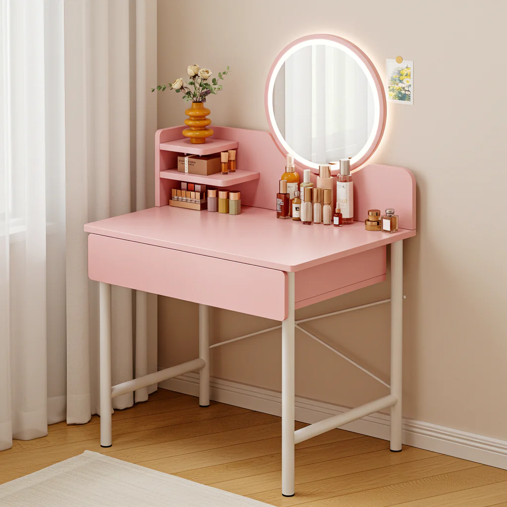 LED Luminous Mirror Makeup Vanity Dressing Table Pink Dresser with Drawer Storage - Image 5