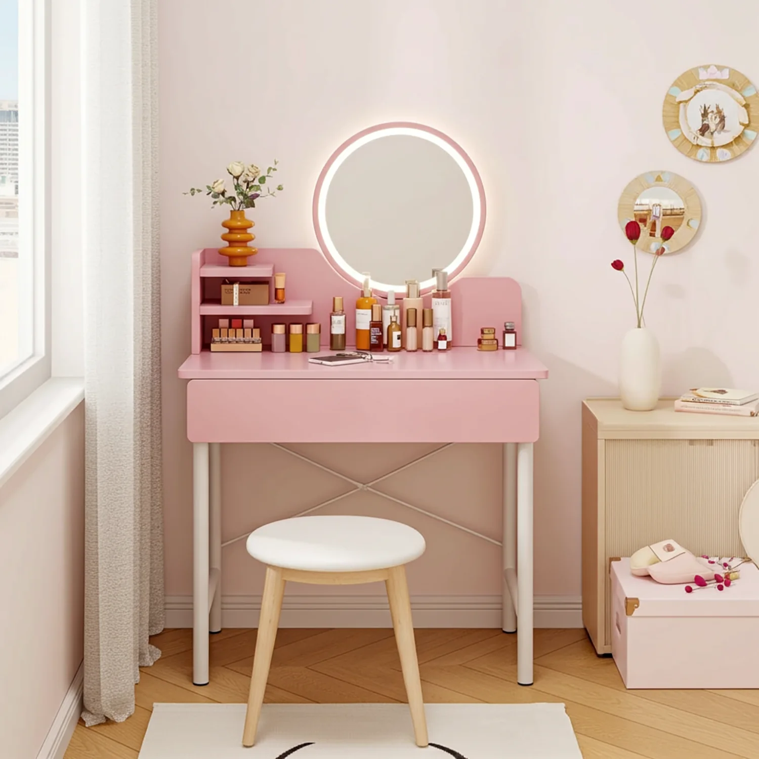 LED Luminous Mirror Makeup Vanity Dressing Table Pink Dresser with Drawer Storage - Image 7