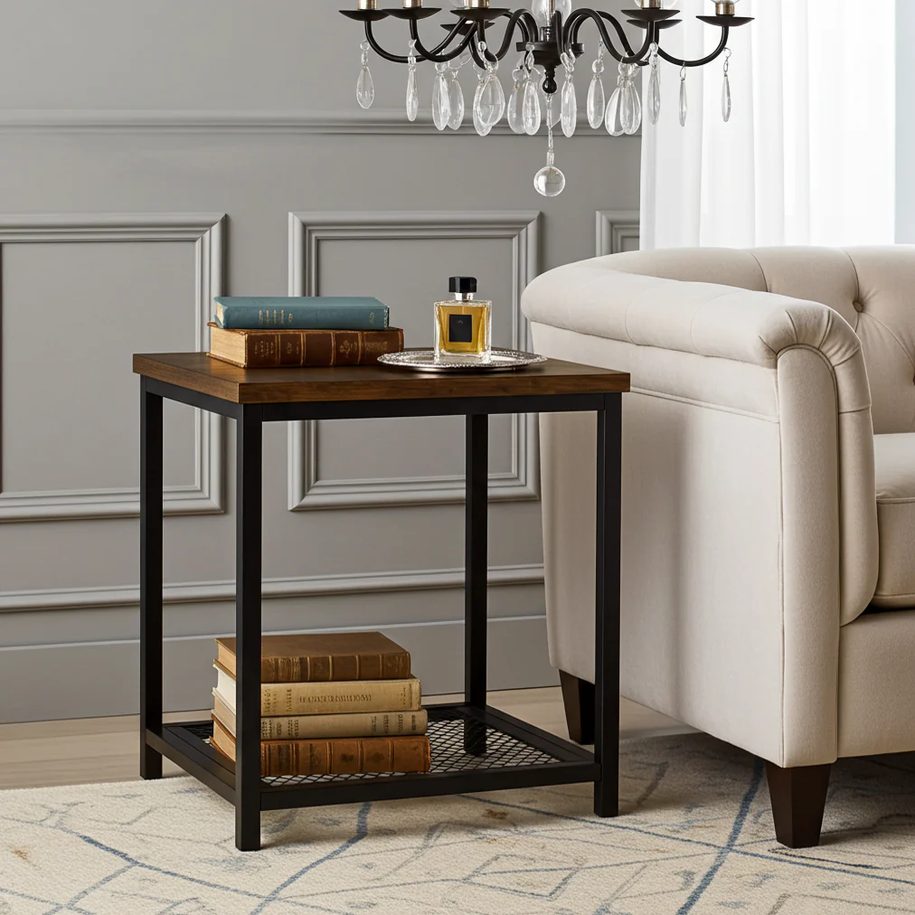 Loft Rustic Industrial Wood & Steel Side Table with Storage Shelf - Image 12