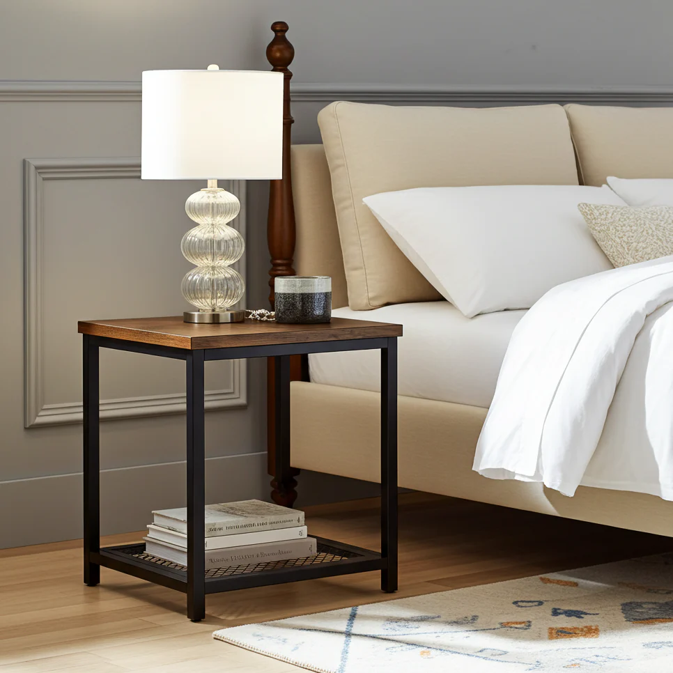 Loft Rustic Industrial Wood & Steel Side Table with Storage Shelf - Image 17