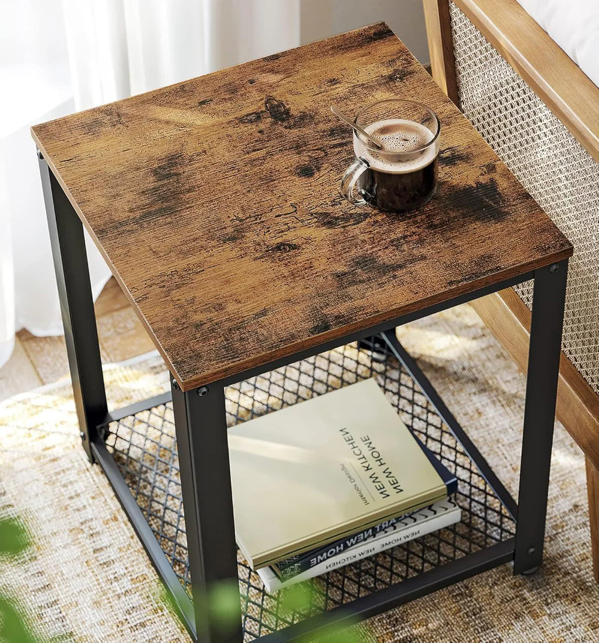 Loft Rustic Industrial Wood & Steel Side Table with Storage Shelf - Image 5