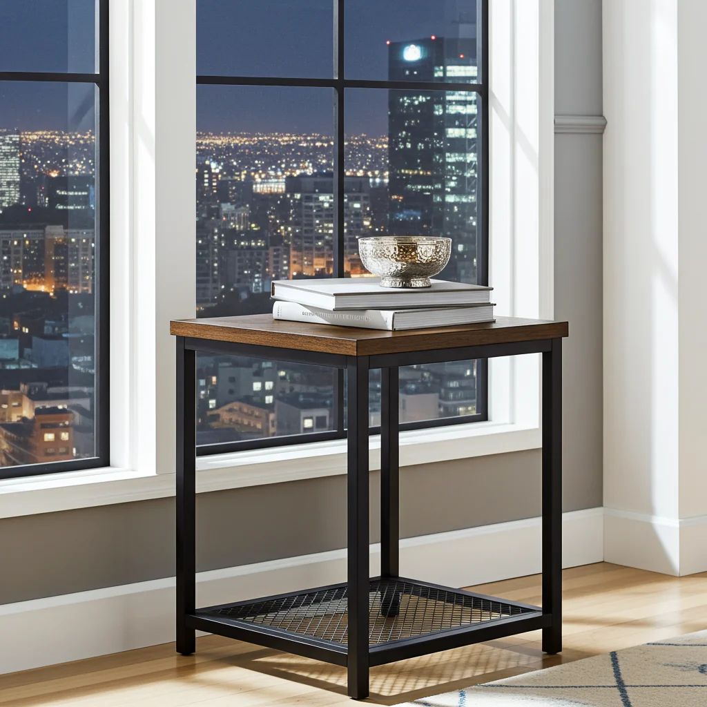Loft Rustic Industrial Wood & Steel Side Table with Storage Shelf - Image 6