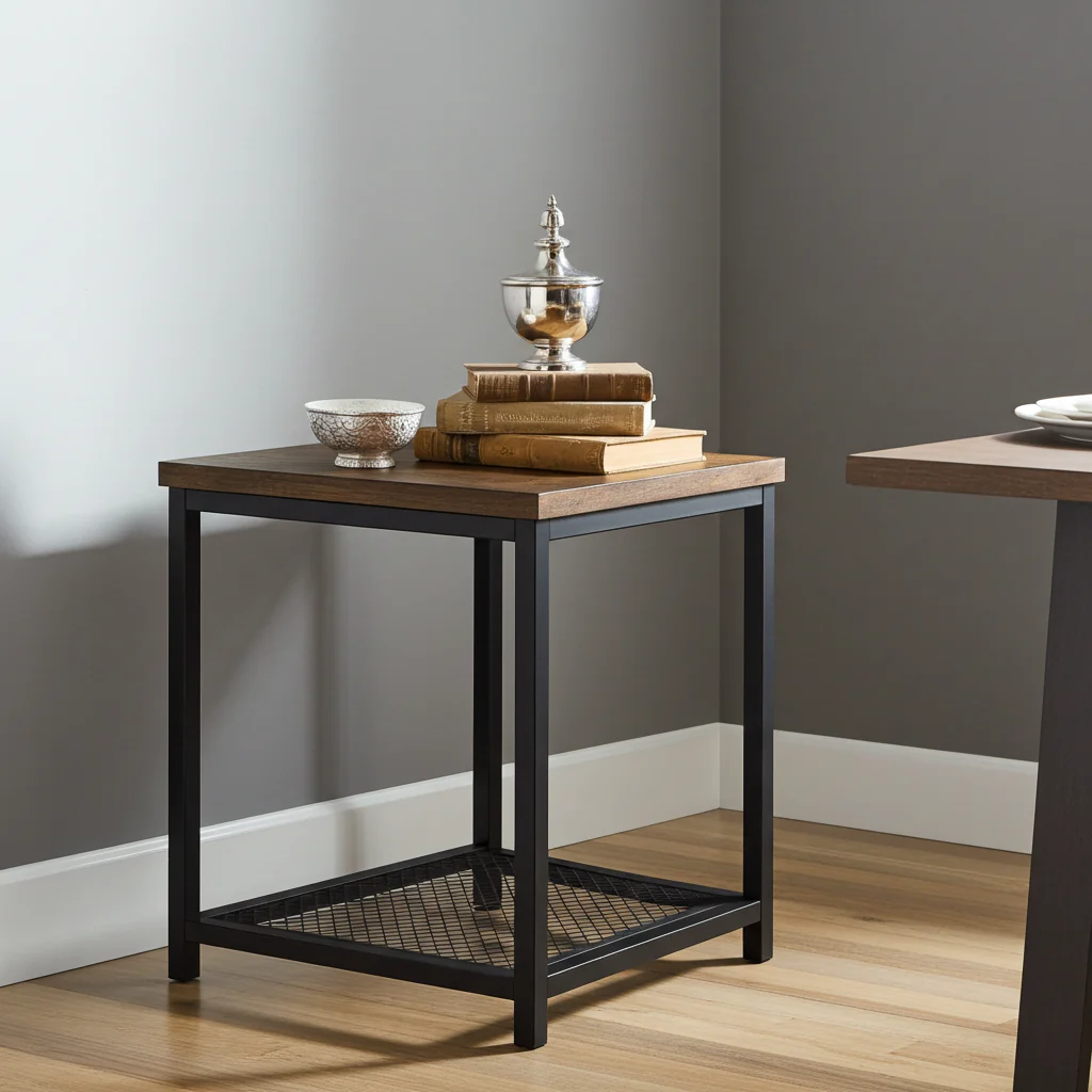 Loft Rustic Industrial Wood & Steel Side Table with Storage Shelf - Image 8