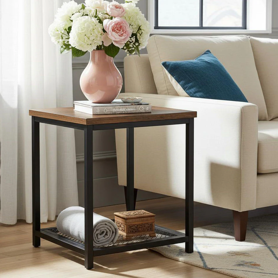 Loft Rustic Industrial Wood & Steel Side Table with Storage Shelf - Image 9