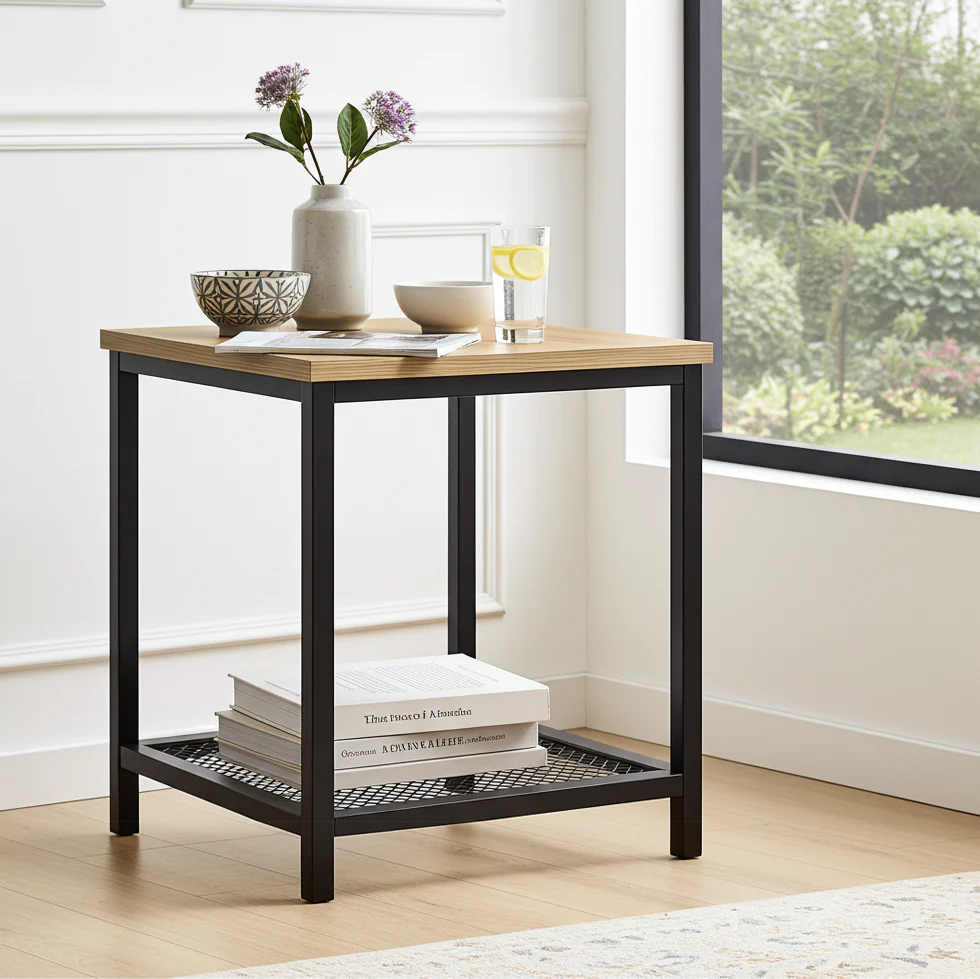 Loft Rustic Oak Industrial Wood & Steel Side Table with Storage Shelf - Image 4