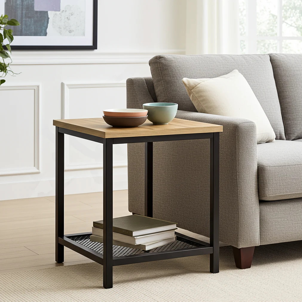 Loft Rustic Oak Industrial Wood & Steel Side Table with Storage Shelf - Image 6